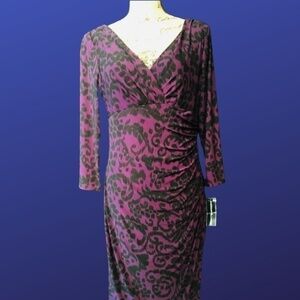 RALPH LAUREN AMERICAN LIVING Empire Ruched Jersey Sheath, EGGPLANT/BLACK, Size10